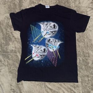 Black and multicolored cat graphic tee